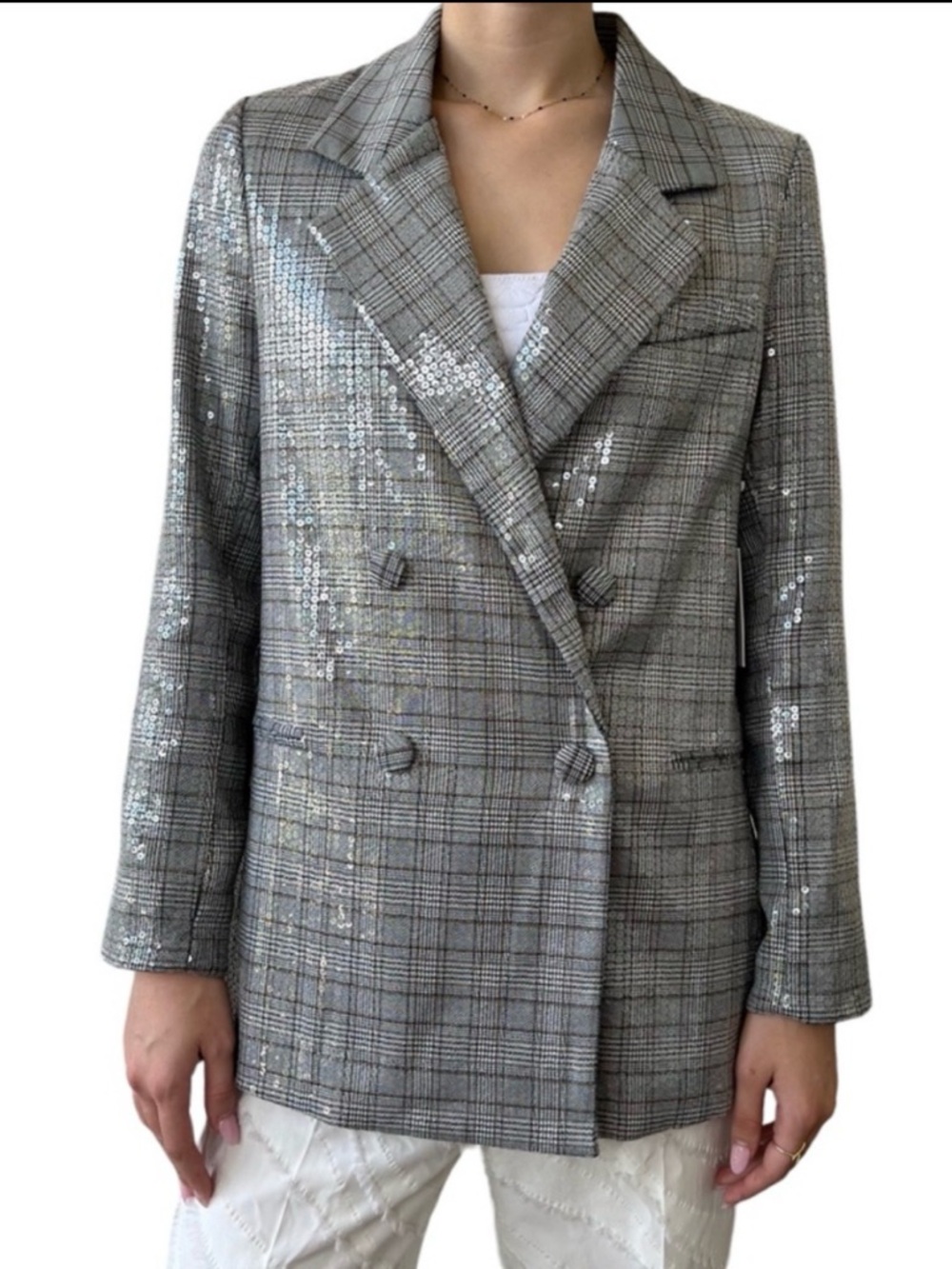 Jason Wu Sequined Double Breasted Blazer Gray Plaid Small NEW - Picture 16 of 16